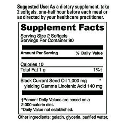 A black and white supplement facts label showing suggested use and supplement facts for a dietary supplement containing black currant seed oil.