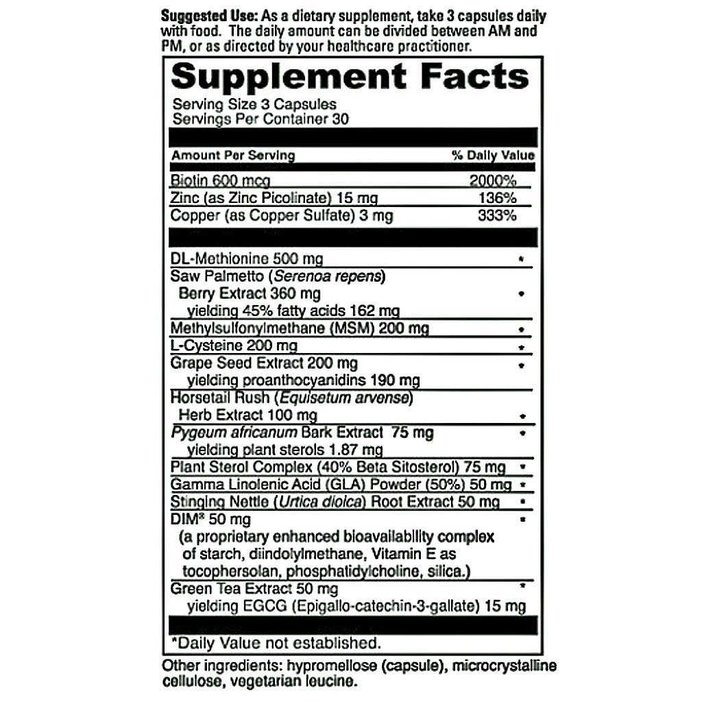 A black-and-white Supplement Facts label showing a daily supplement blend with ingredients such as biotin, zinc, copper, DL-Methionine, berry extract, and various herbal extracts, along with serving size and daily value information.