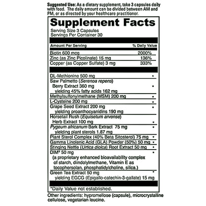 A black-and-white Supplement Facts label showing a daily supplement blend with ingredients such as biotin, zinc, copper, DL-Methionine, berry extract, and various herbal extracts, along with serving size and daily value information.