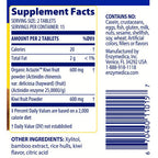 Supplement label with detailed nutritional information and ingredients on a blue background