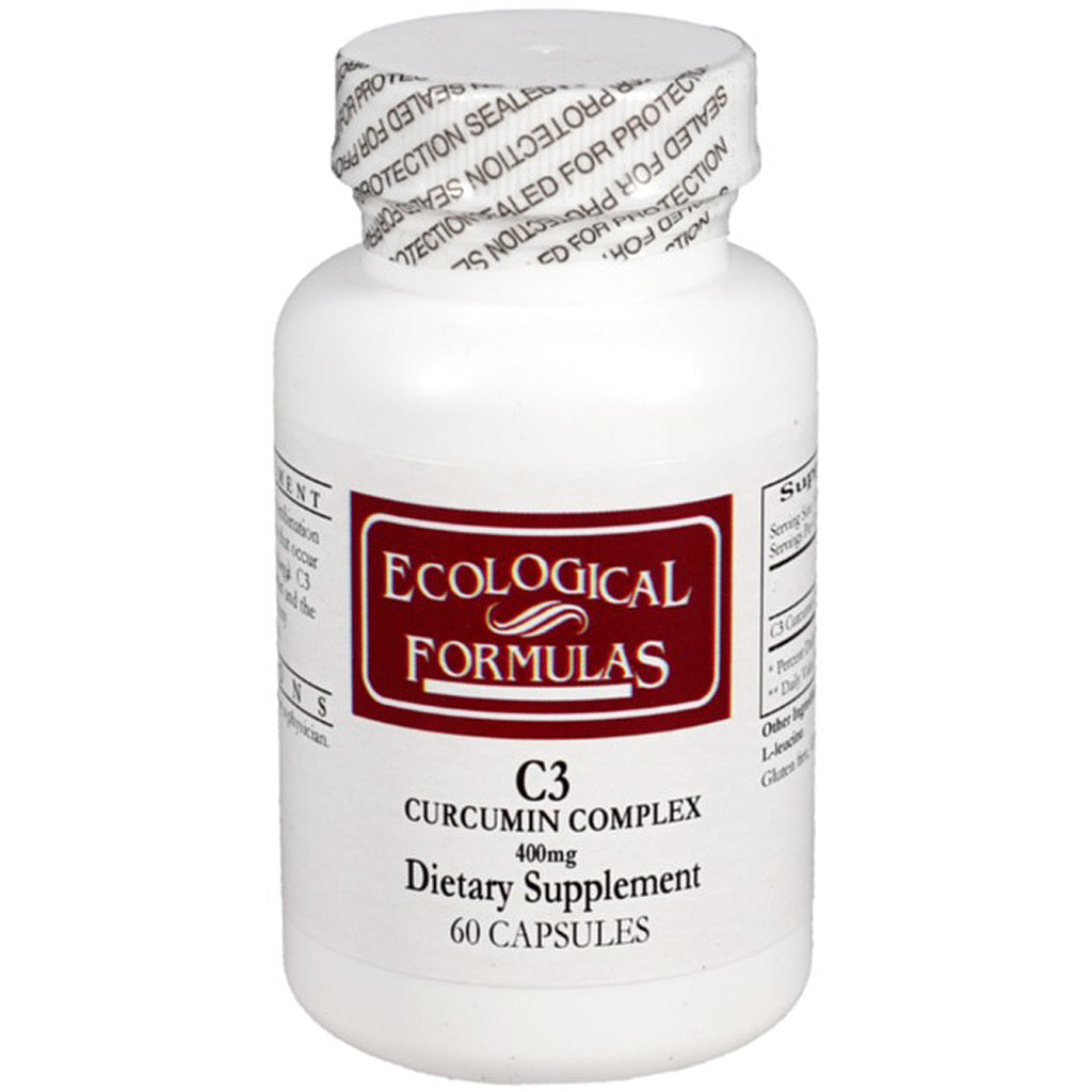 A white plastic bottle of Ecological Formulas C3 Curcumin Complex dietary supplement, 400mg, 60 capsules, on a white background.