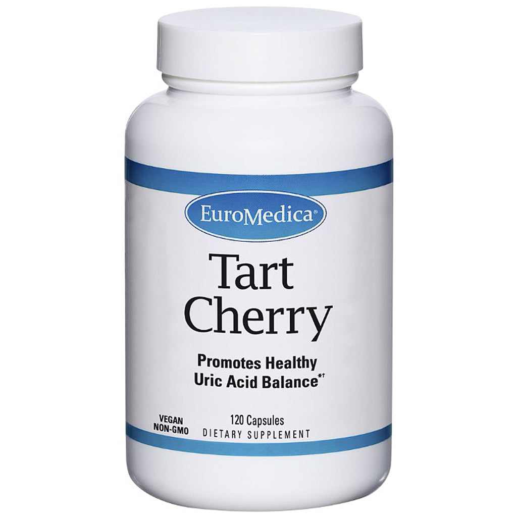 Supplement bottle labeled 'Tart Cherry' by EuroMedica on a white background