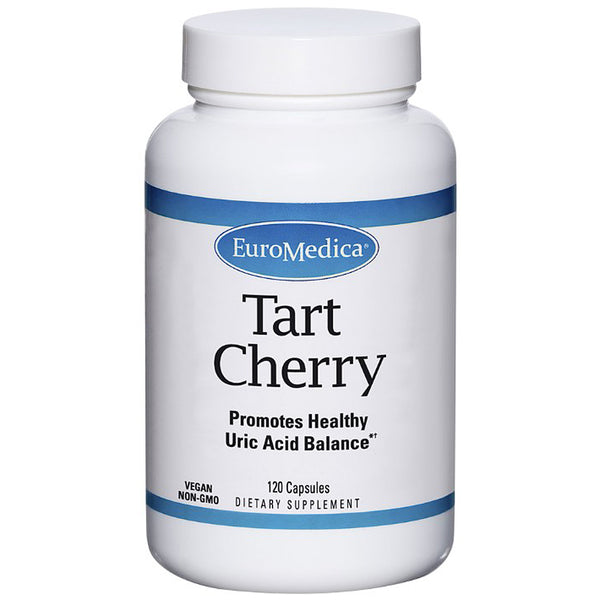 Supplement bottle labeled 'Tart Cherry' by EuroMedica on a white background