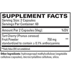 Supplement facts label for Tart Cherry fruit powder capsules on a white background
