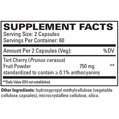 Supplement facts label for Tart Cherry fruit powder capsules on a white background