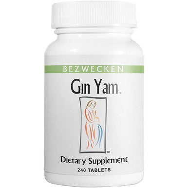 A white container labeled 'Bezwecken GinYam' with an illustration of a woman on the label, indicating it is a dietary supplement with 240 tablets.