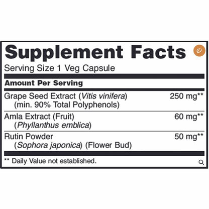 Grape Seed OPC 250mg, ingredient label, healthy tissues, brain and nerve support, cardiovascular health, antioxidant