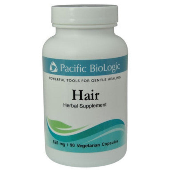 Pacific Biologic Hair Herbal Supplement container with 90 vegetarian capsules, white and green label with product information.