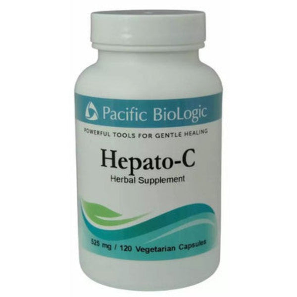 A bottle of Pacific Biologic Hepato-C Herbal Supplement with 120 vegetarian capsules, designed for gentle healing.