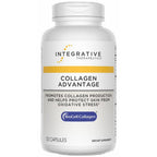 A white bottle of Integrative Therapeutics Collagen Advantage dietary supplement with a yellow and blue label design, on a plain white background.