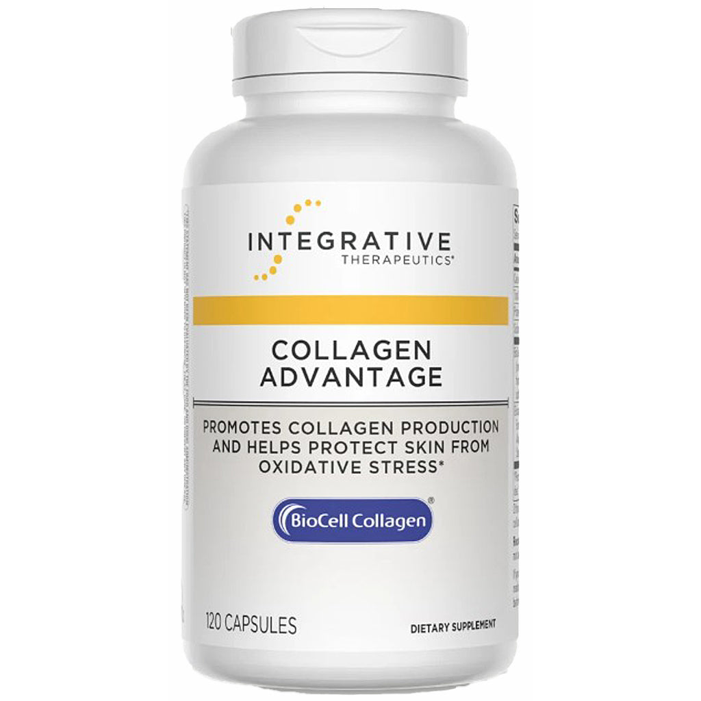 A white bottle of Integrative Therapeutics Collagen Advantage dietary supplement with a yellow and blue label design, on a plain white background.