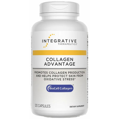 A white bottle of Integrative Therapeutics Collagen Advantage dietary supplement with a yellow and blue label design, on a plain white background.