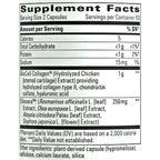 A close-up of a supplement facts label showing BioCell Collagen extract information, including serving size, calories, total carbohydrate, protein, sodium, and ingredient details for Elissara.