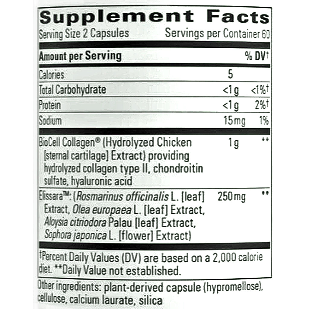 A close-up of a supplement facts label showing BioCell Collagen extract information, including serving size, calories, total carbohydrate, protein, sodium, and ingredient details for Elissara.