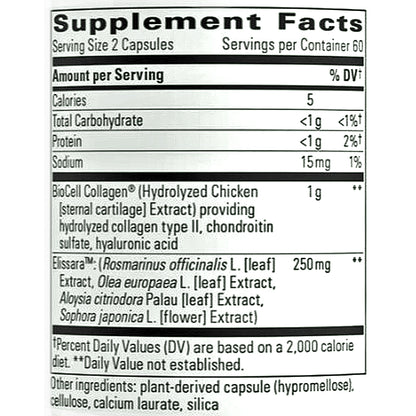 A close-up of a supplement facts label showing BioCell Collagen extract information, including serving size, calories, total carbohydrate, protein, sodium, and ingredient details for Elissara.