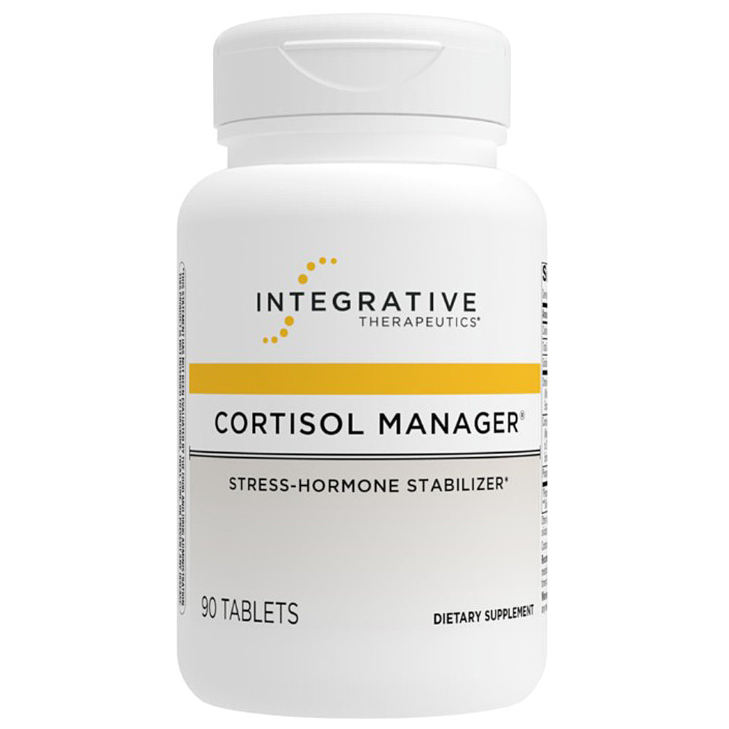 A white plastic bottle of Integrative Therapeutics Cortisol Manager dietary supplement with a yellow accent stripe on the label, set against a plain white background.