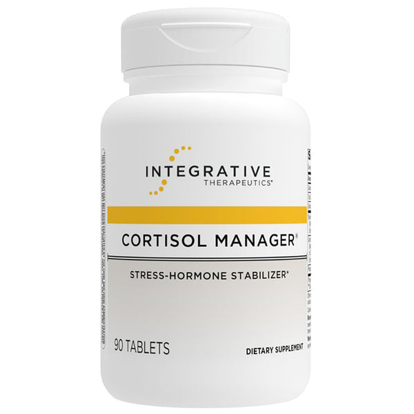 A white plastic bottle of Integrative Therapeutics Cortisol Manager dietary supplement with a yellow accent stripe on the label, set against a plain white background.