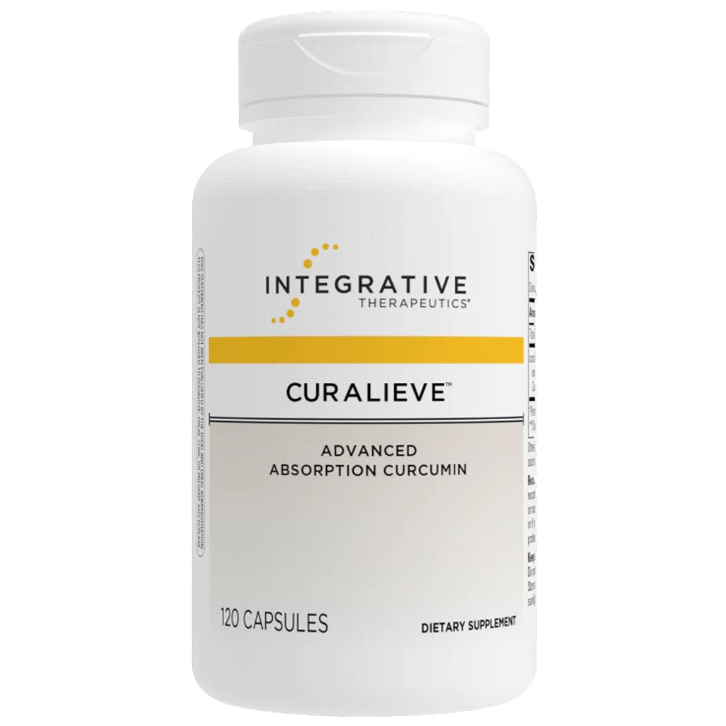 Supplement bottle labeled 'Curalieve' by Integrative Therapeutics on a white background