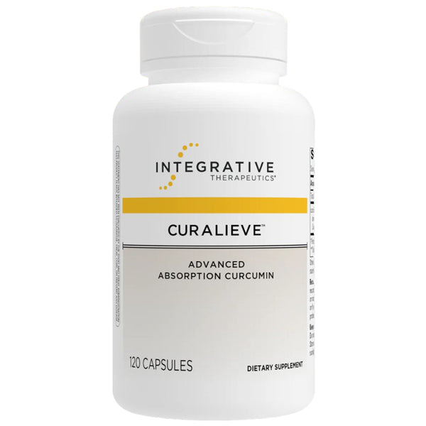 Supplement bottle labeled 'Curalieve' by Integrative Therapeutics on a white background
