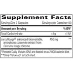 Supplement facts label for curcumin extract capsules on a white background