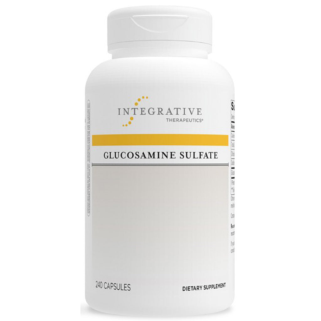 Supplement bottle labeled 'Integrative Therapeutics Glucosamine Sulfate' on a white background