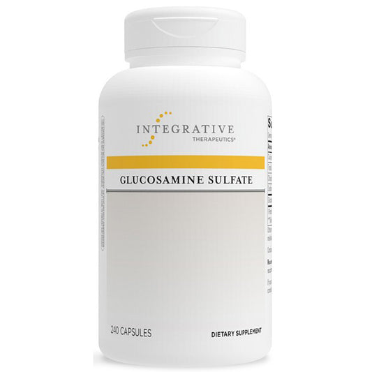 Supplement bottle labeled 'Integrative Therapeutics Glucosamine Sulfate' on a white background