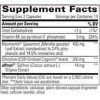 Supplement facts label with various nutrients and their amounts per serving.