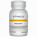 A white plastic bottle of Integrative Therapeutics ProSom dietary supplement with a white cap, featuring a white label with black text and a yellow accent stripe.