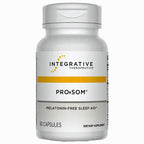 A white plastic bottle of Integrative Therapeutics ProSom dietary supplement with a white cap, featuring a white label with black text and a yellow accent stripe.