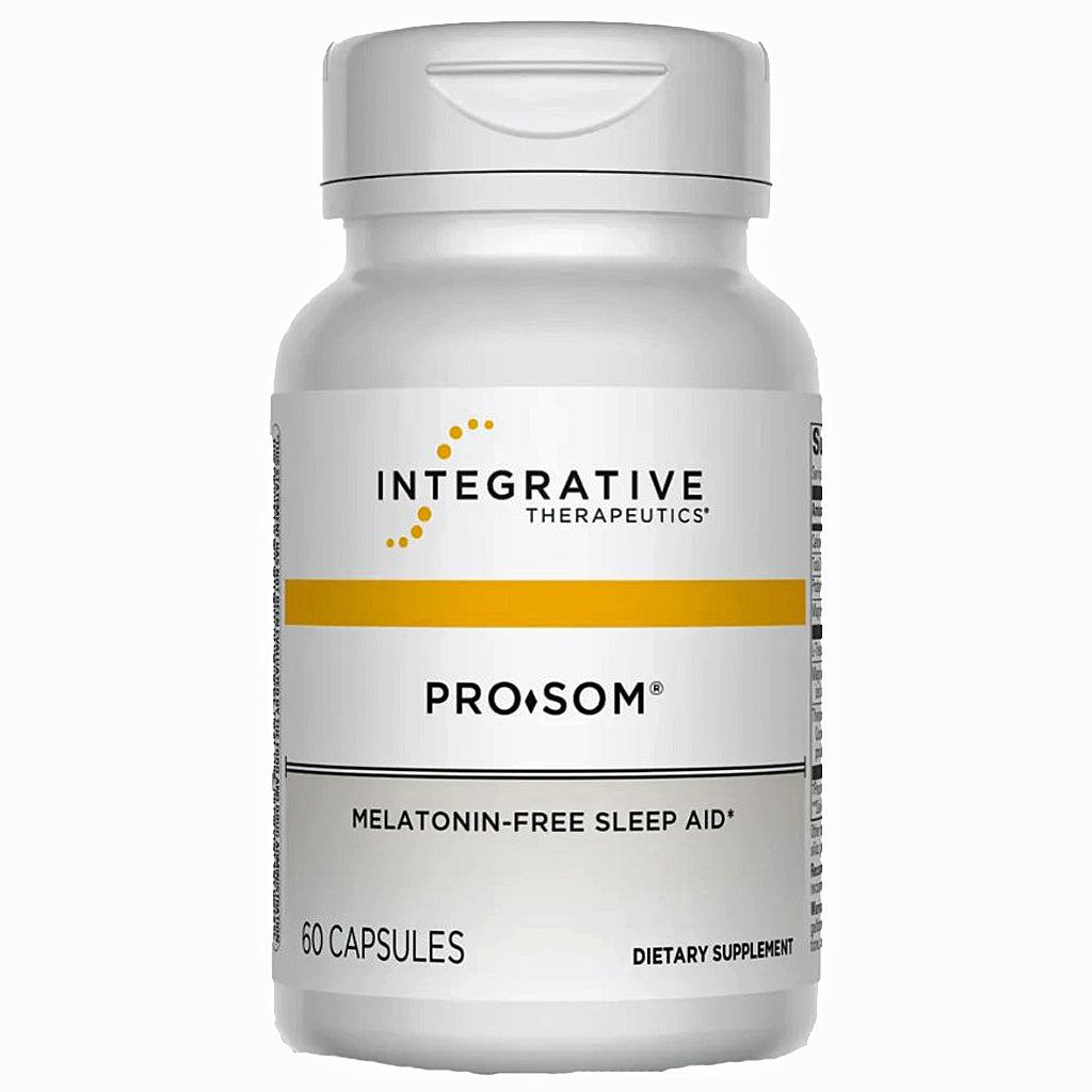 A white plastic bottle of Integrative Therapeutics ProSom dietary supplement with a white cap, featuring a white label with black text and a yellow accent stripe.