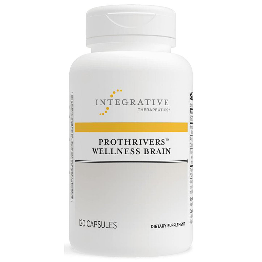 Supplement bottle labeled 'Prothrivers Wellness Brain' by Integrative Therapeutics on a white background