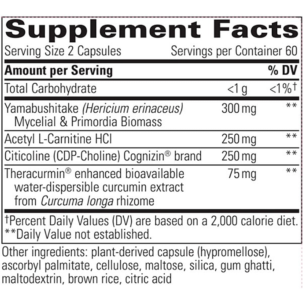 Supplement facts label with various ingredients and their amounts per serving