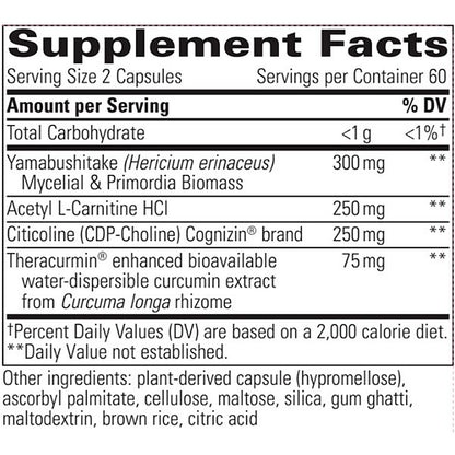 Supplement facts label with various ingredients and their amounts per serving