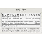 Supplement facts label for BPC and KPV on a white background