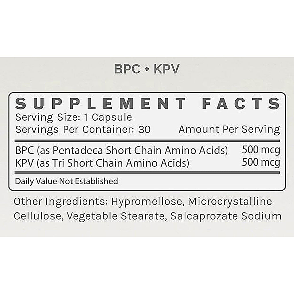 Supplement facts label for BPC and KPV on a white background