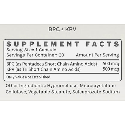 Supplement facts label for BPC and KPV on a white background