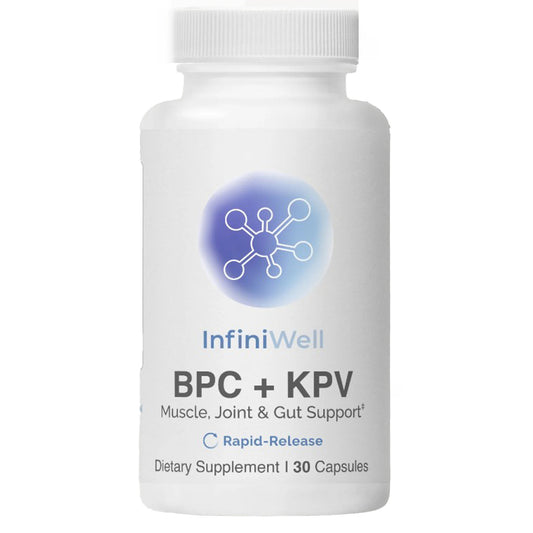 Supplement bottle labeled 'InfiniWell BPC + KPV' on a white background