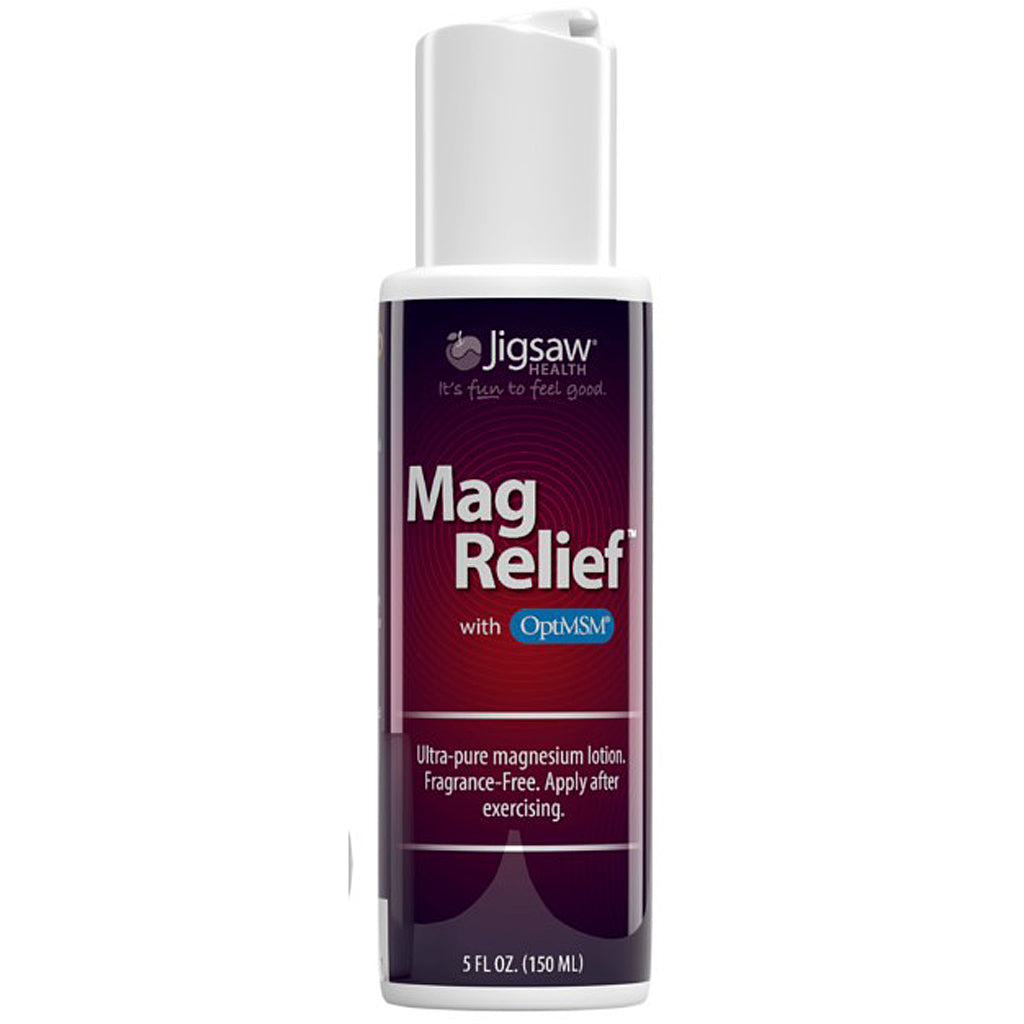 A 5 fl oz bottle of Jigsaw Health Mag Relief with OptiSM, featuring a white cap and a dark purple label with red and blue accents, on a solid white background.