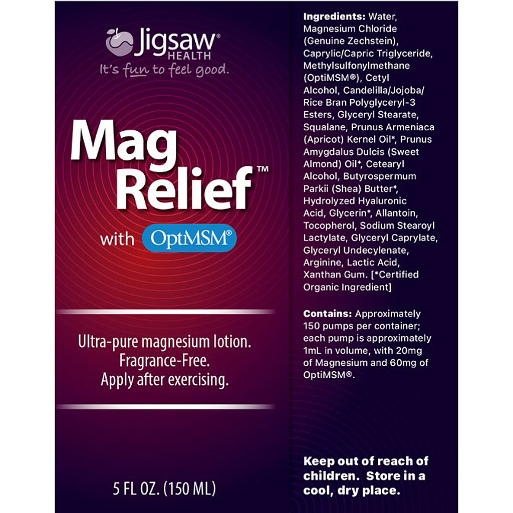 Jigsaw Health Mag Relief with OptiMSM 5 fl oz pump bottle packaging, featuring a dark purple and red gradient design with white and blue text.