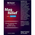Jigsaw Health Mag Relief with OptiMSM 5 fl oz pump bottle packaging, featuring a dark purple and red gradient design with white and blue text.