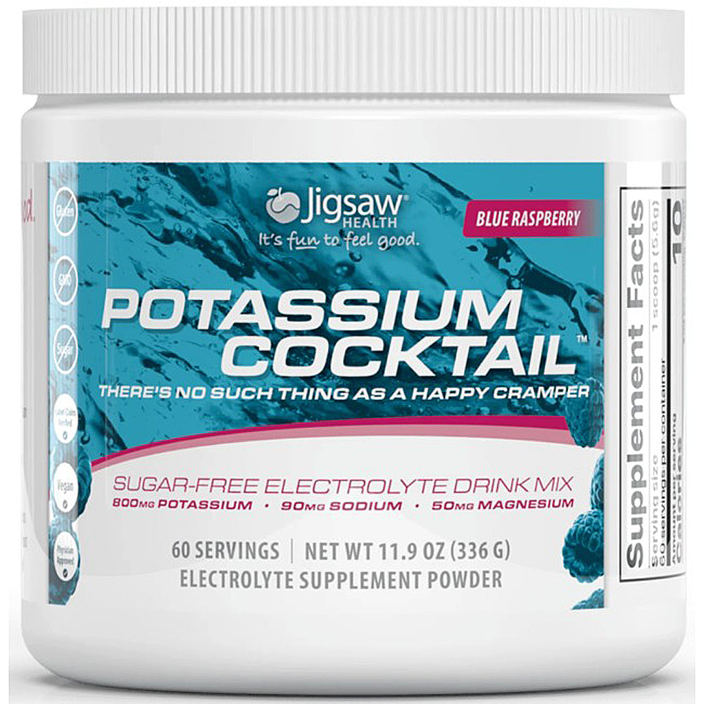 Jigsaw Health Potassium Cocktail supplement container with blue and white design