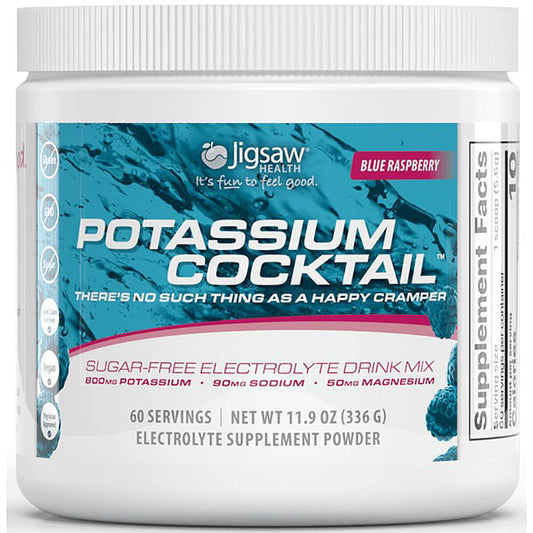 Jigsaw Health Potassium Cocktail supplement container with blue and white design
