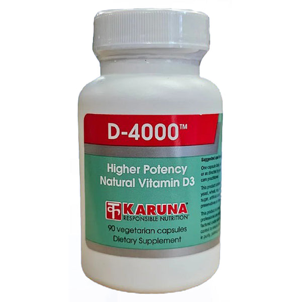 Supplement bottle labeled 'D-4000' by Karuna on a white background