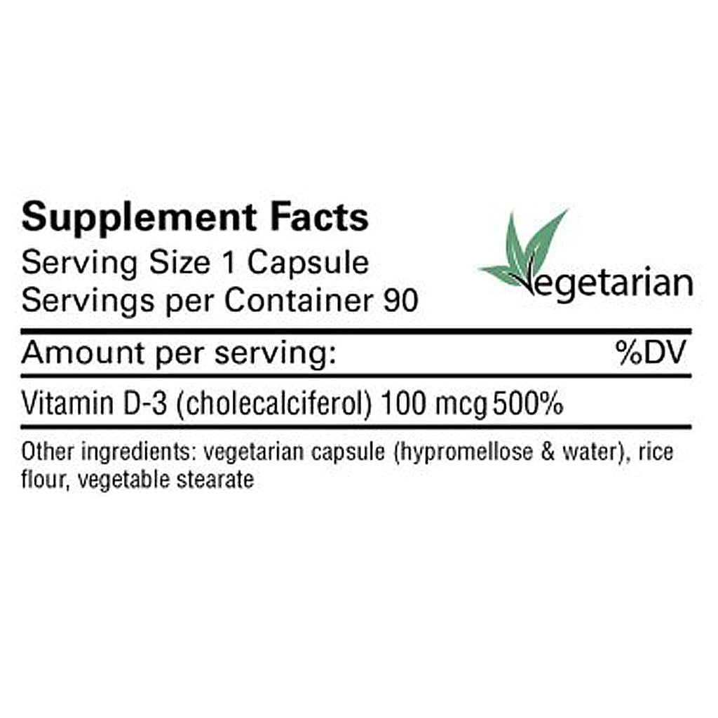 Supplement facts label for a Vitamin D3 capsule on a white background