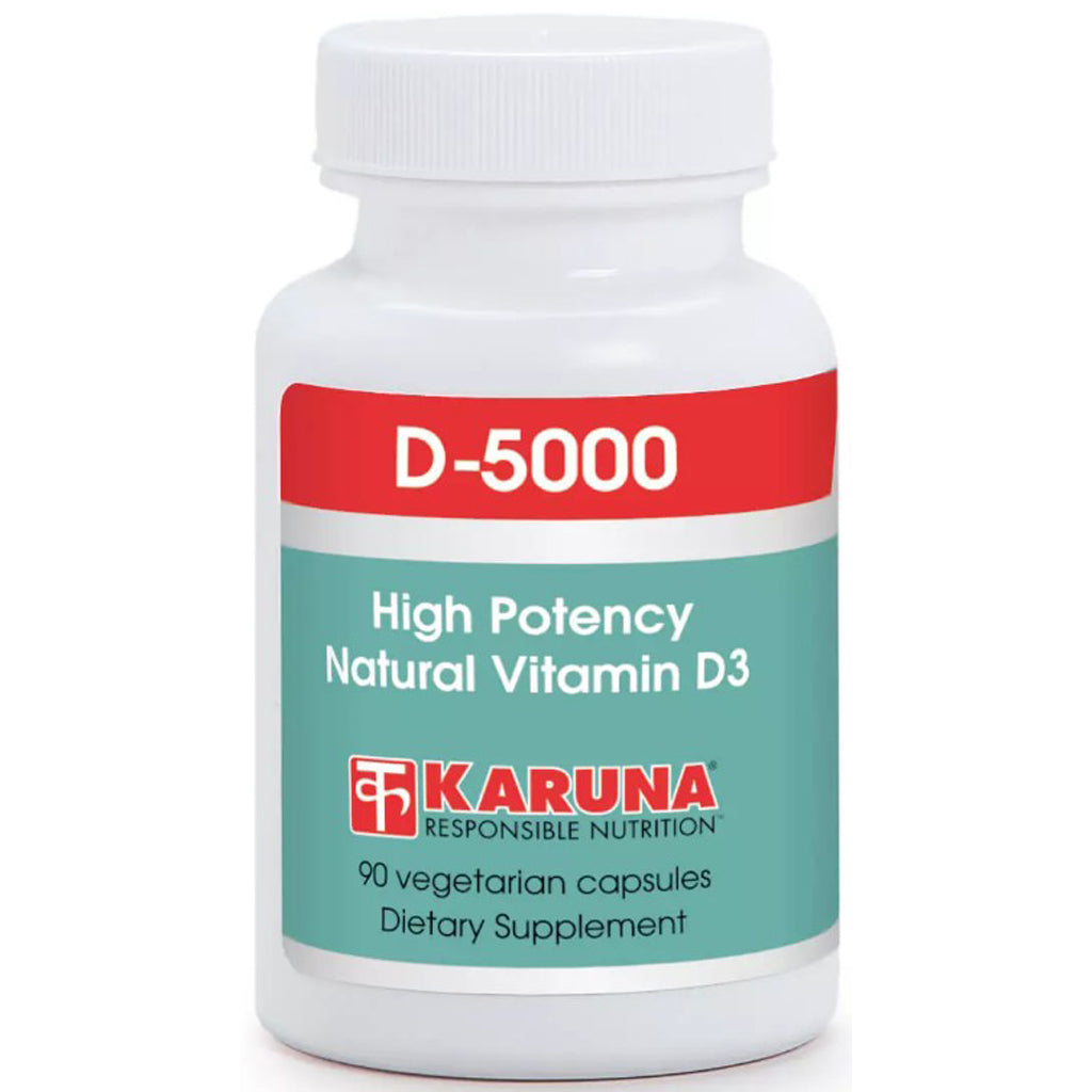 Vitamin D supplement bottle with 'Karuna' label on a white background