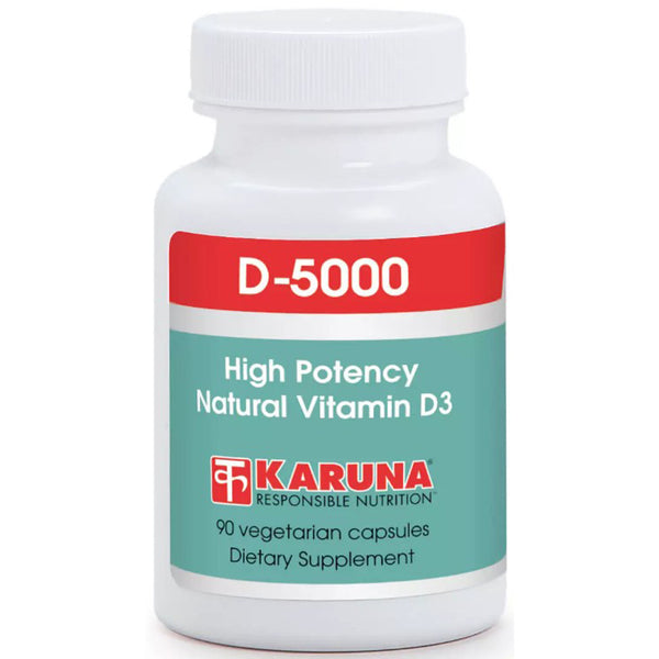 Vitamin D supplement bottle with 'Karuna' label on a white background