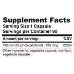 Supplement facts label for a vitamin D3 capsule with serving size, servings per container, and ingredient list.