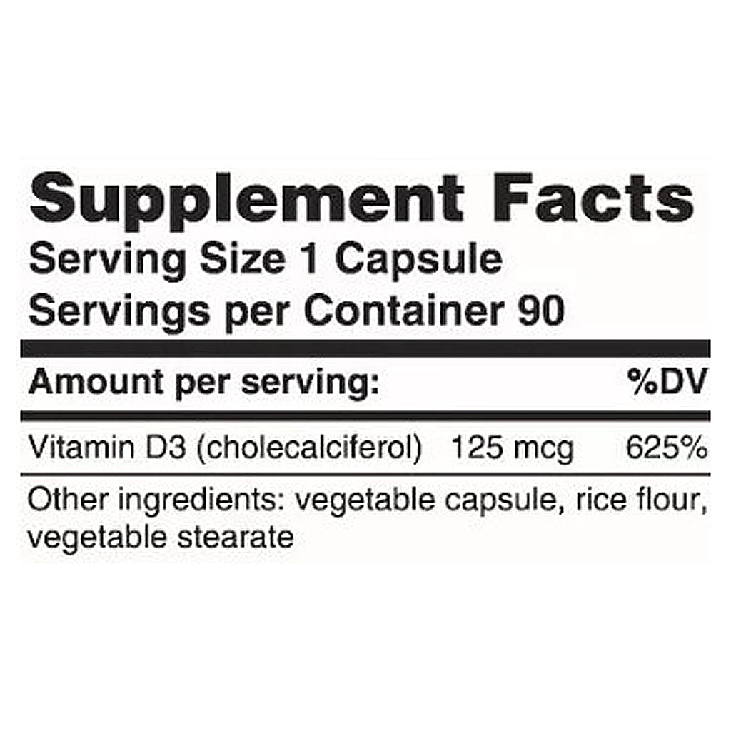 Supplement facts label for a vitamin D3 capsule with serving size, servings per container, and ingredient list.
