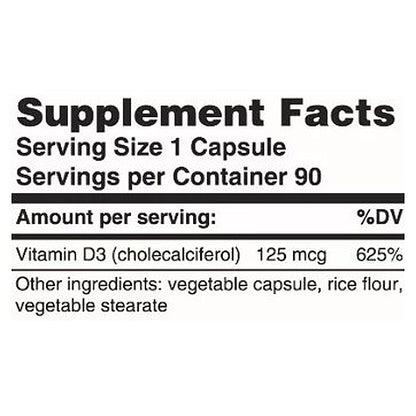 Supplement facts label for a vitamin D3 capsule with serving size, servings per container, and ingredient list.