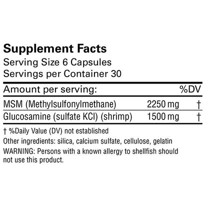 Supplement facts label with MSM and Glucosamine information on a white background